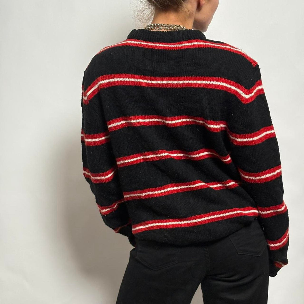 Vintage INC Black, Red and White Striped Rugby Sweater- XL