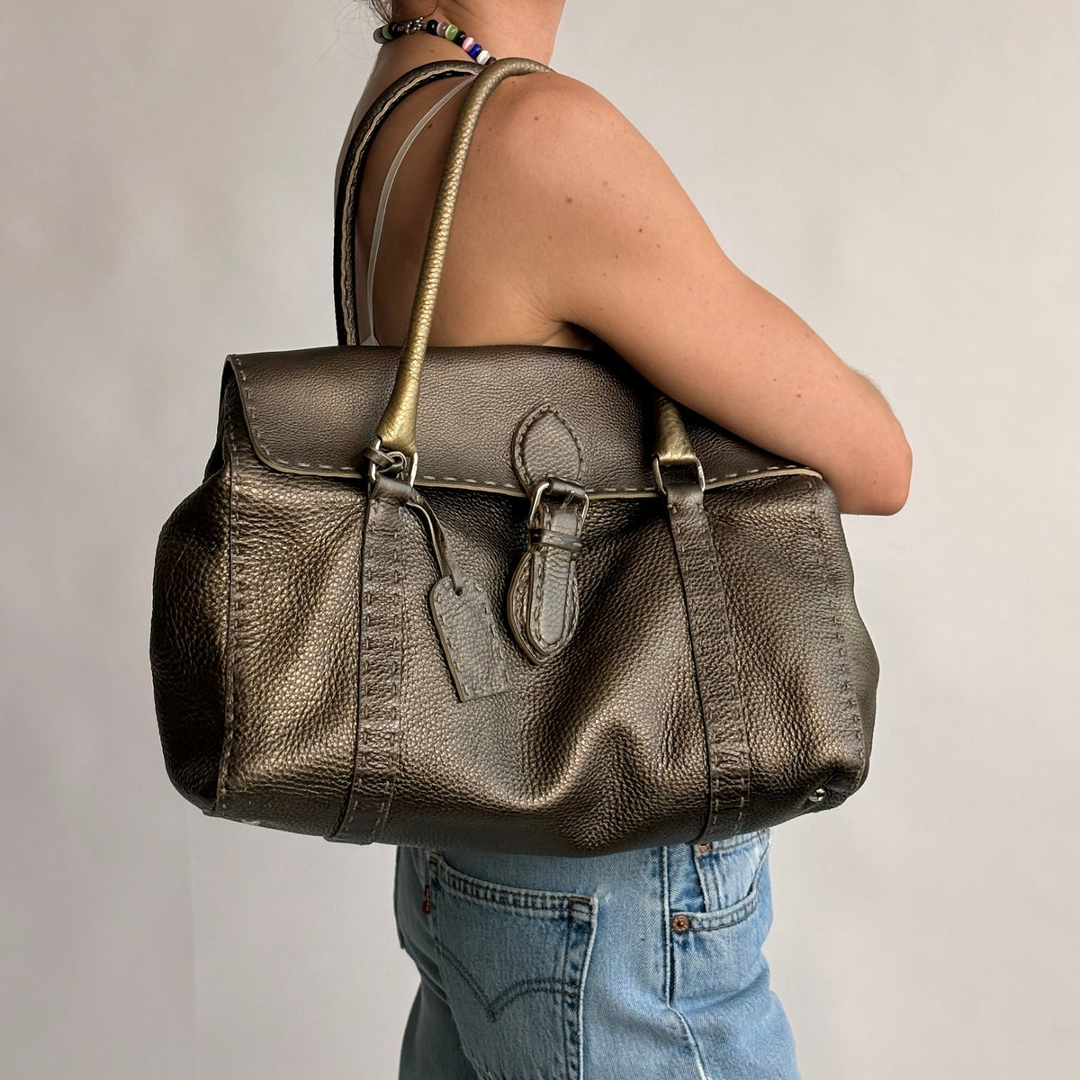 Fendi Selleria "Linda" Metallic Bronze/Pewter Leather Bag - 2006 Collection