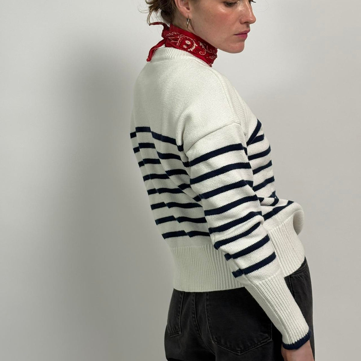 Philosophy White & Navy Striped Sweater | Classic Preppy Cotton