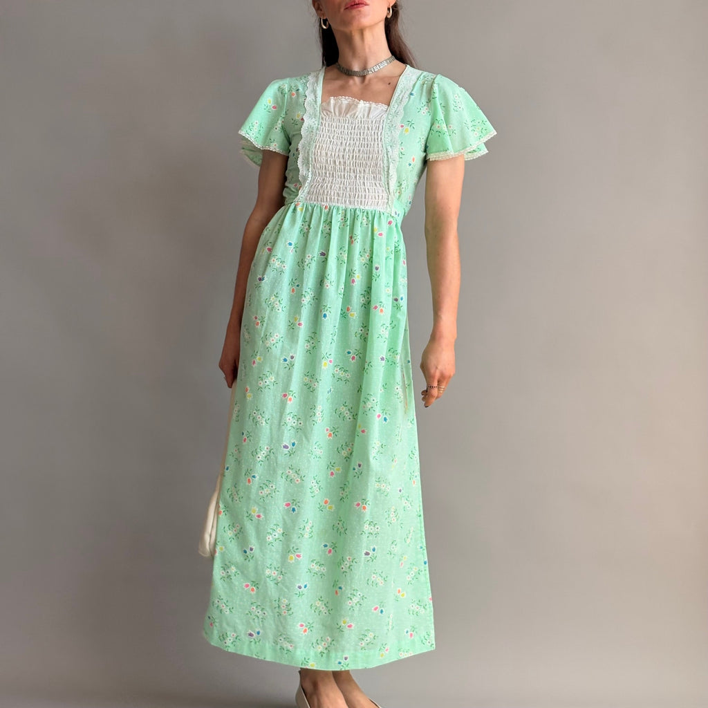 Vintage 70s Sears Growing Girl  Green Floral Prairie Dress - Small