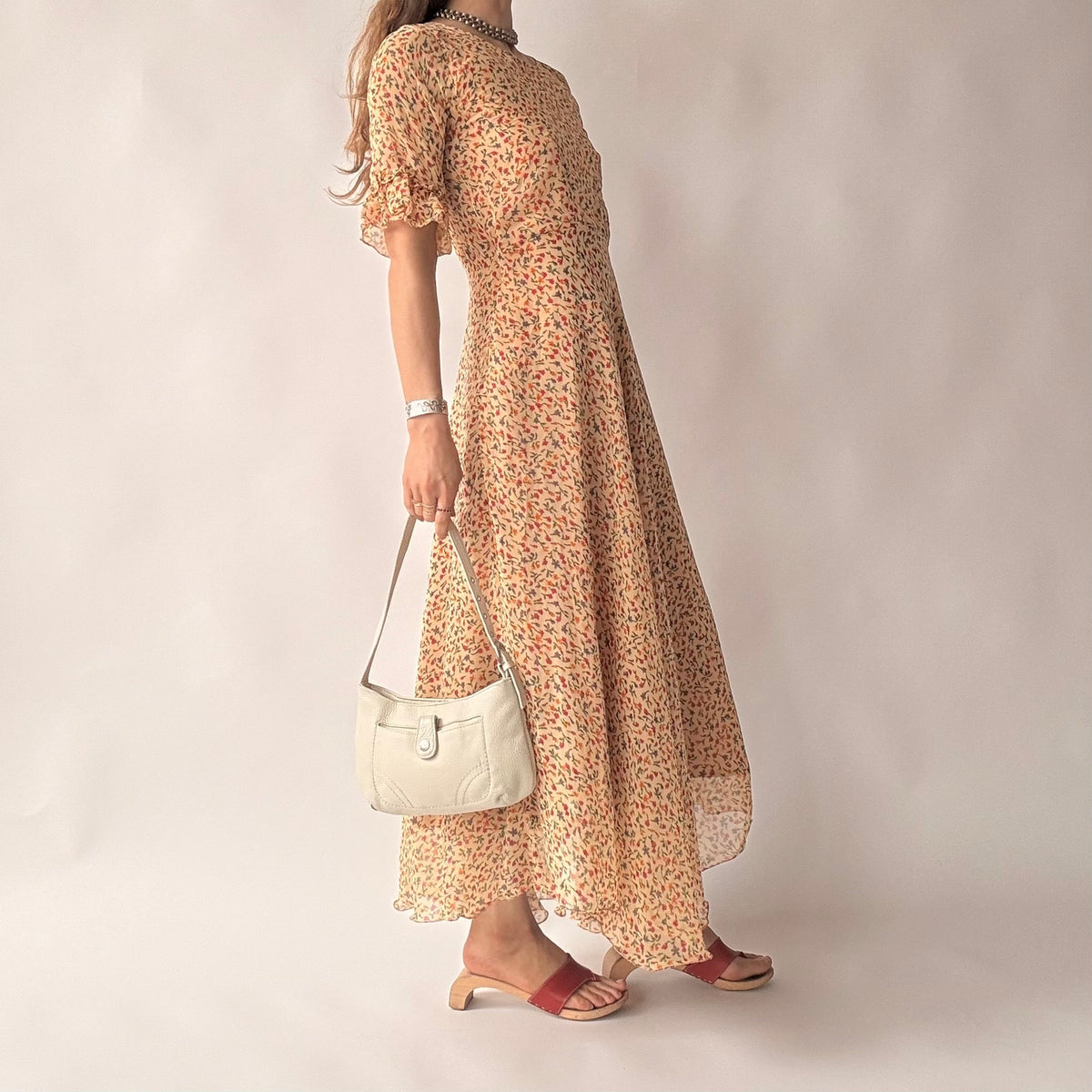 Vintage 70s Handmade Ditsy Floral Chiffon Maxi Dress - Small