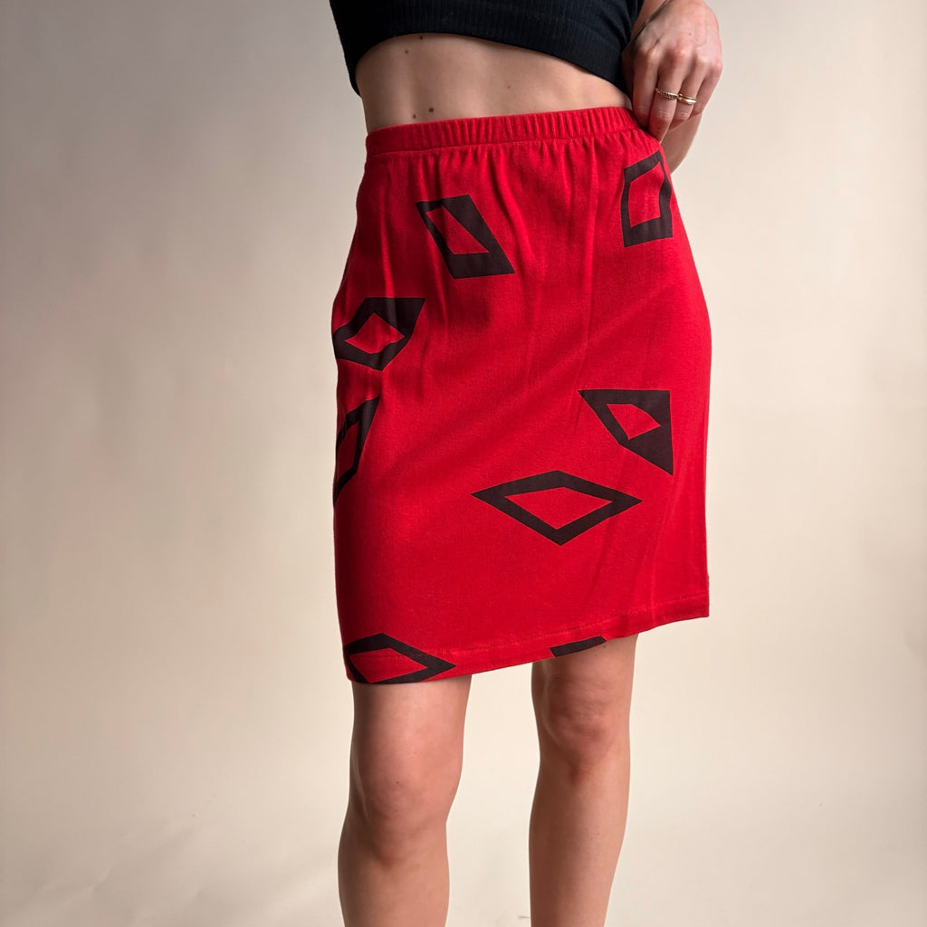 James Berry for Bergdorf Goodman Red Mini Skirt - Hand-Screened Black Diamonds, 80s, Size Small