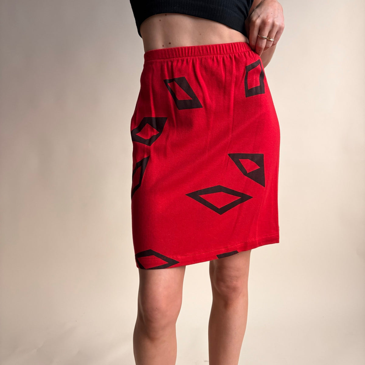 James Berry for Bergdorf Goodman Red Mini Skirt - Hand-Screened Black Diamonds, 80s, Size Small