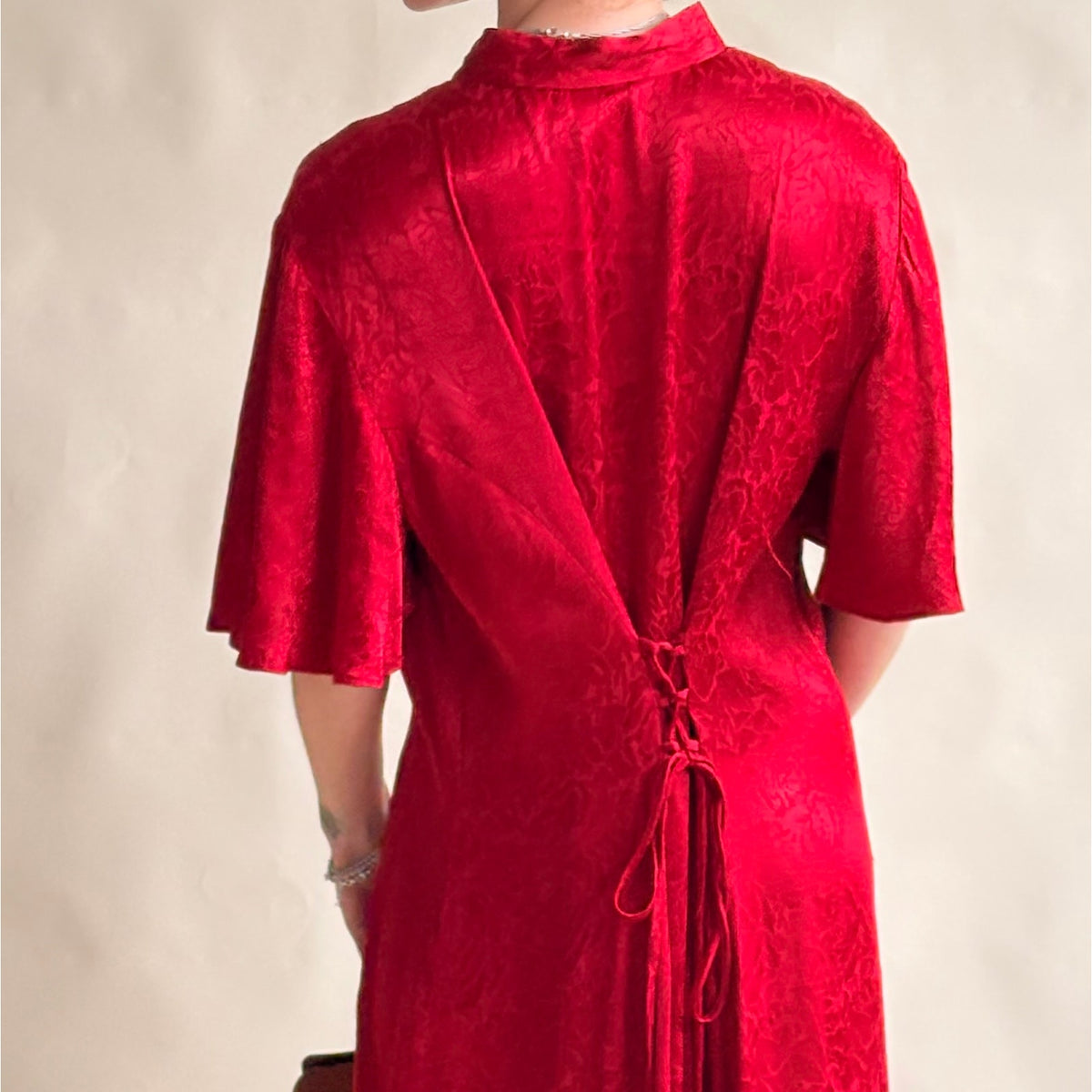 Frederick's of Hollywood Red Satin Rose Jacquard Maxi Dress - Lace Cutout