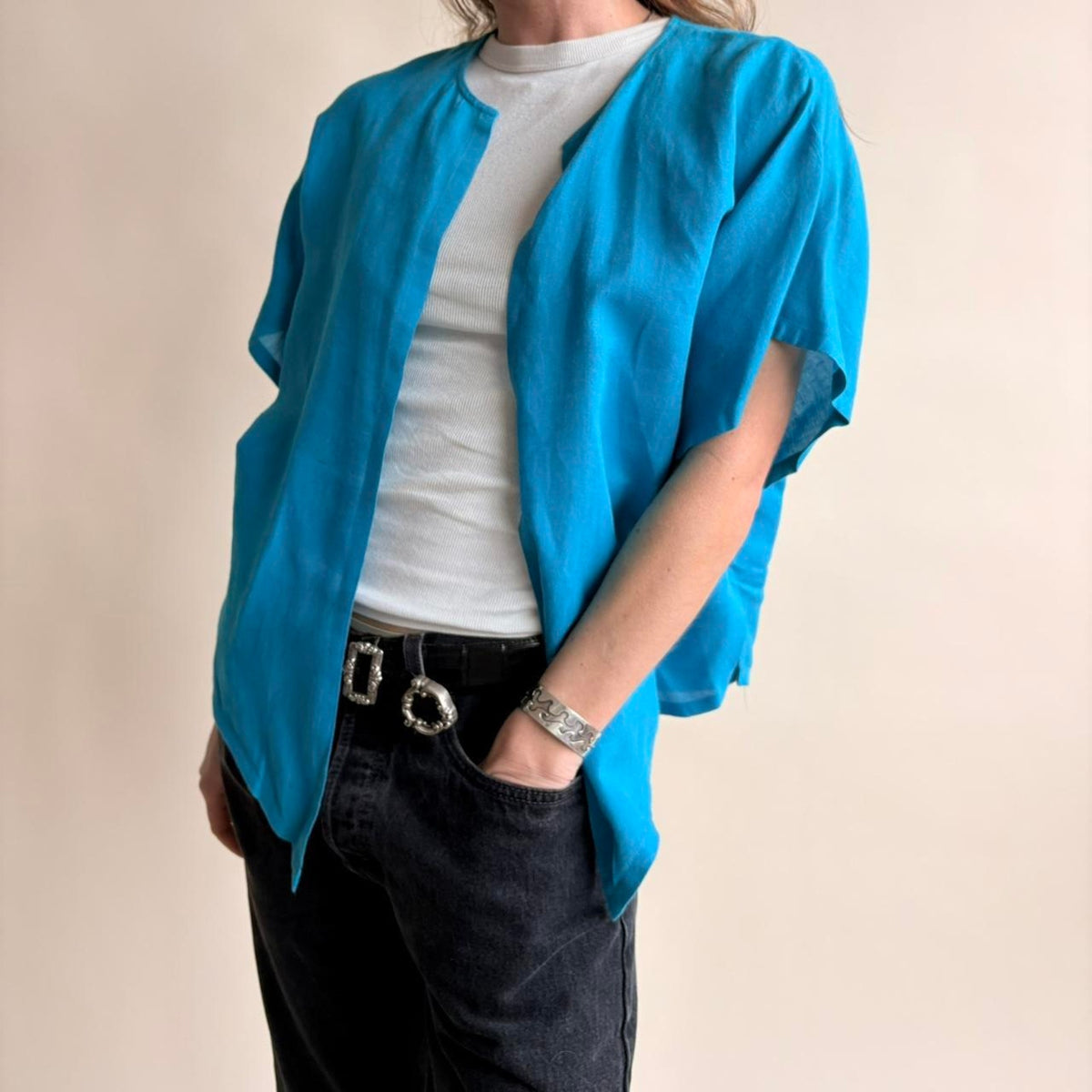 Robert Haik Linen Cotton Open Blouse - Bright Blue