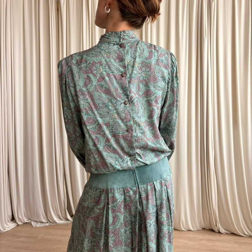 Annie Quince Teal Paisley Drop-Waist Maxi - 80s,Made in USA, Size 12 (Fits L)