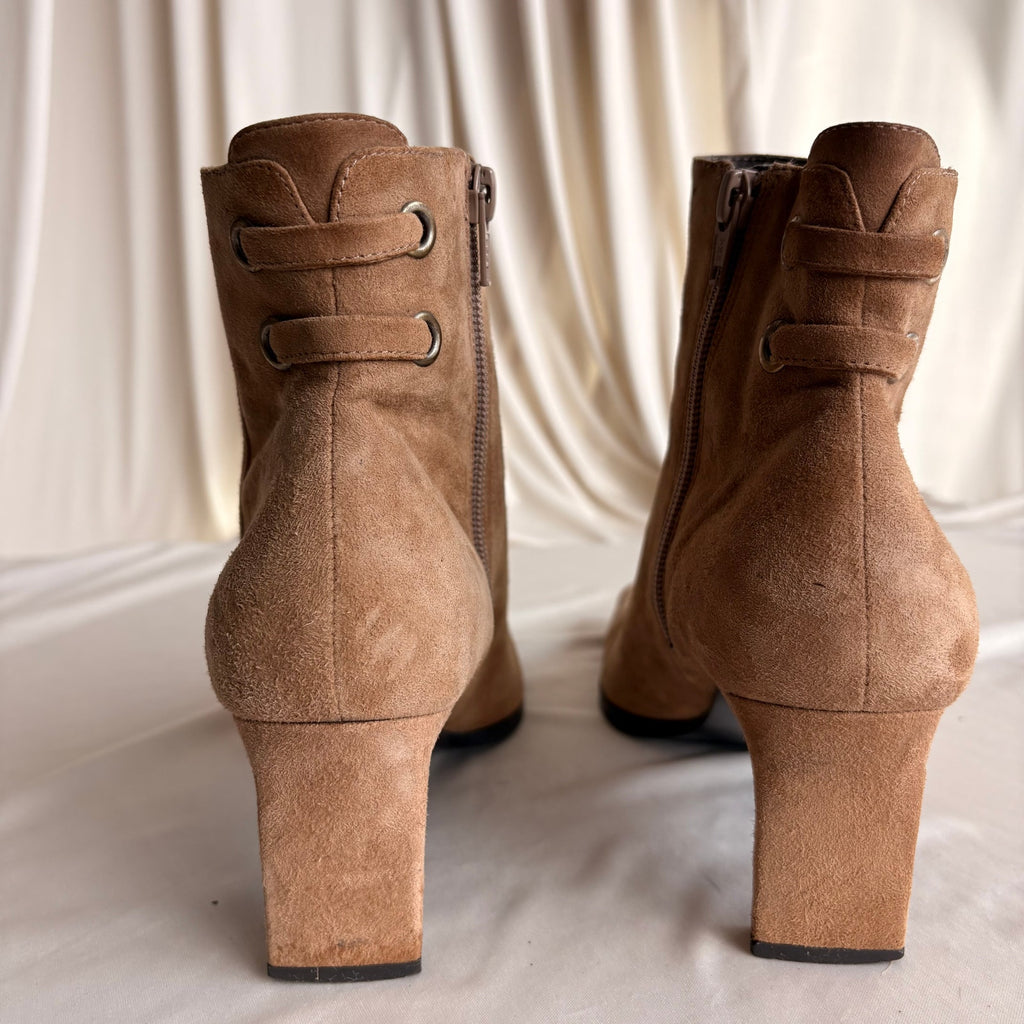 Bandolino Tan Suede Ankle Boots - Pointed Square Toe, Block Heel, 7.5