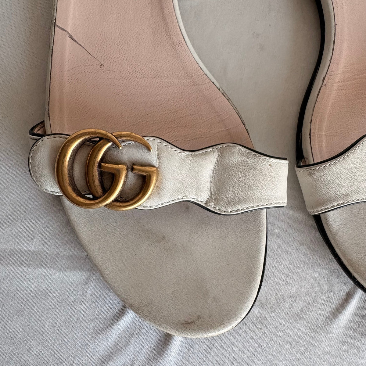 Gucci Double G Lifford White Calfskin  Flat Ankle Wrap Sandals - 39