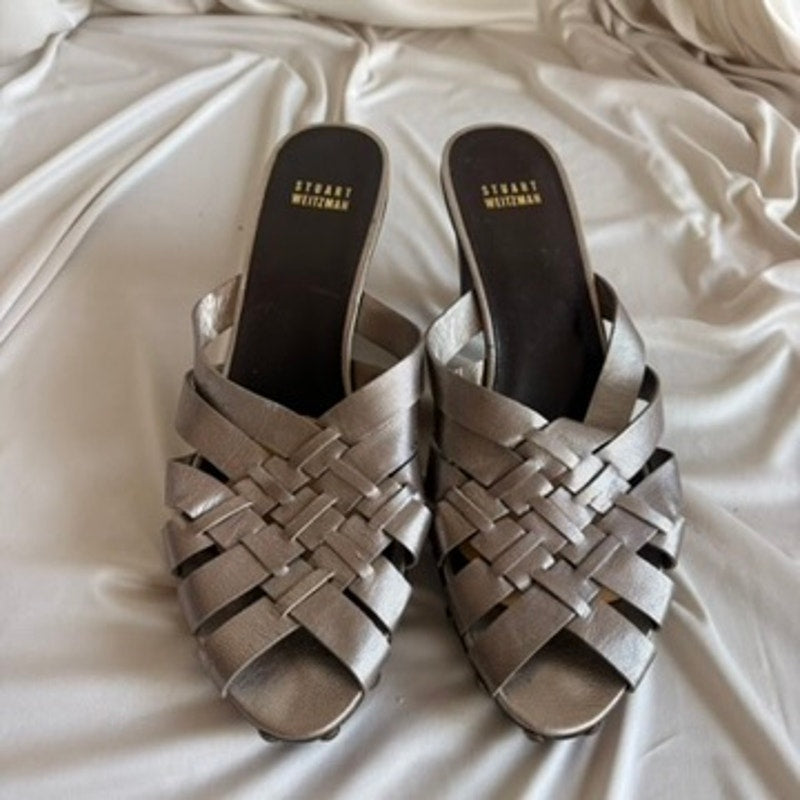 Stuart Weitzman Metallic Woven Mules - Studded Wooden Sole, Platform, Size 10