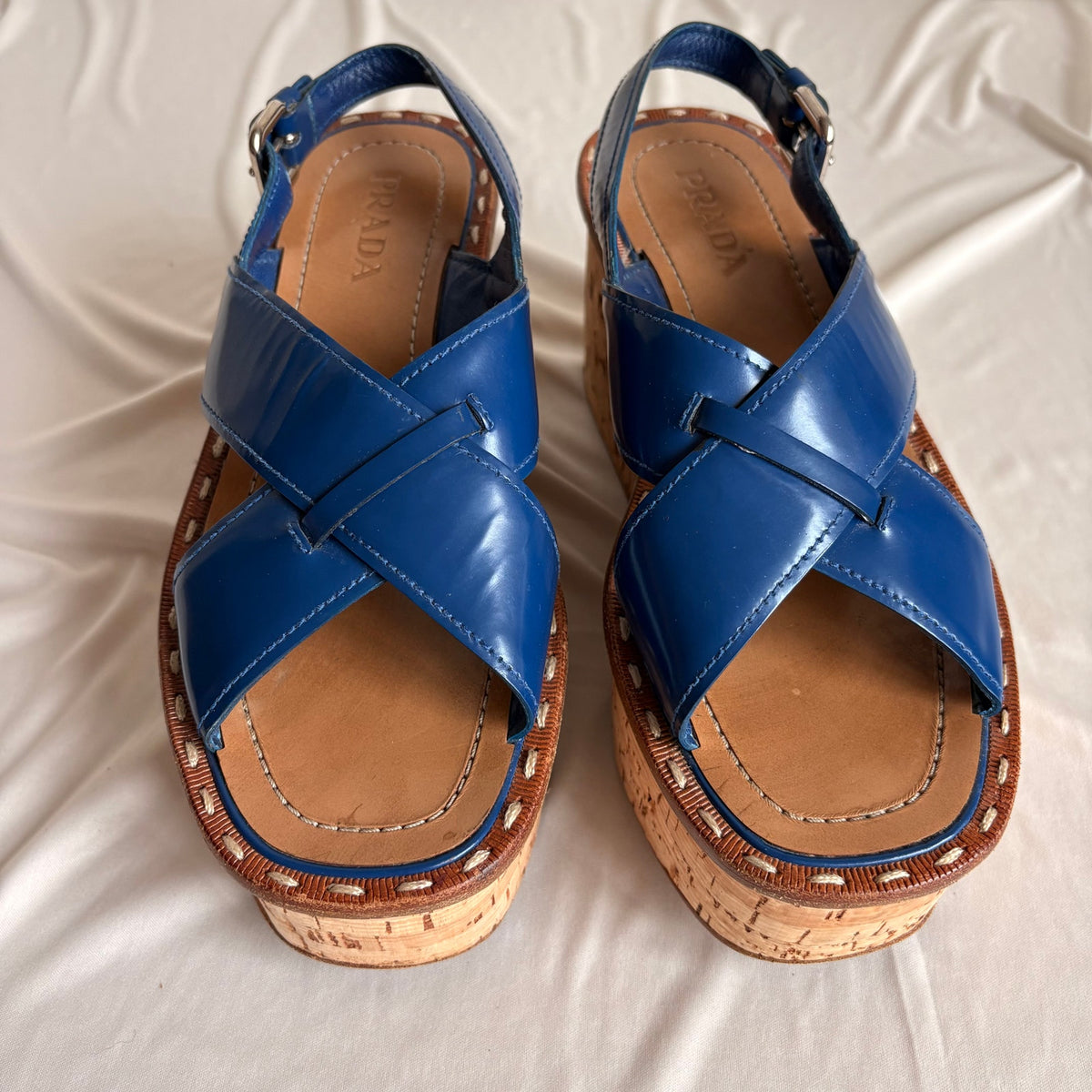 Prada Crisscross Blue Leather Wedge Sandals - EU 38 / US 7