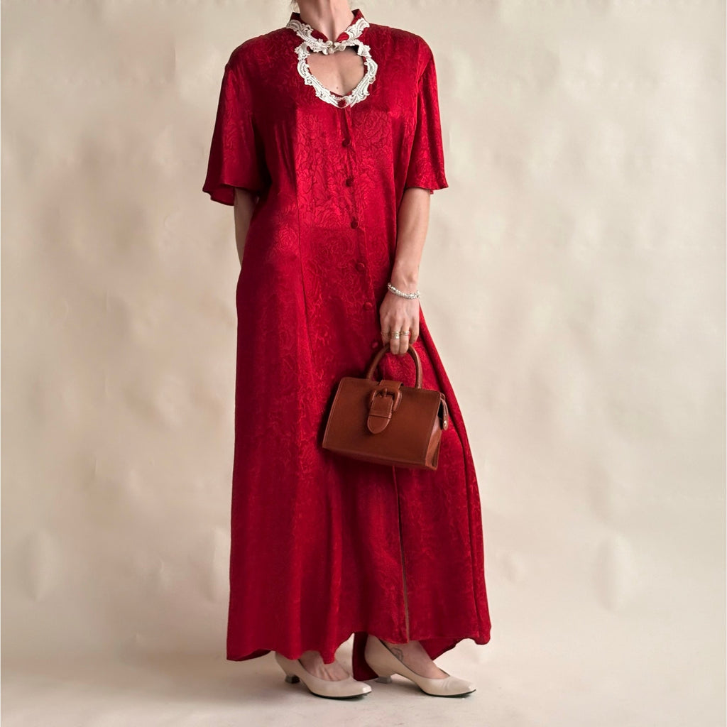 Frederick's of Hollywood Red Satin Rose Jacquard Maxi Dress - Lace Cutout