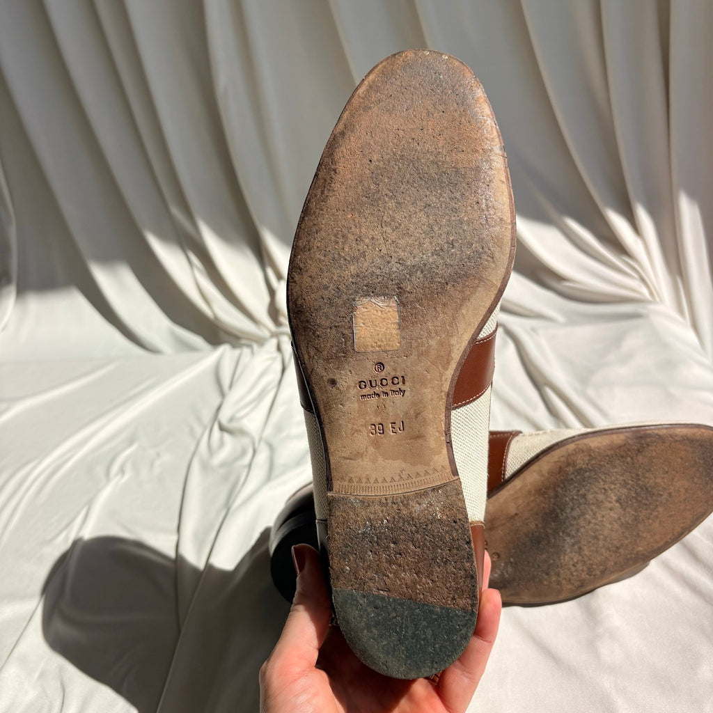 Vintage Gucci Slip-On Loafers - Cream Canvas, Brown Leather, EU 39