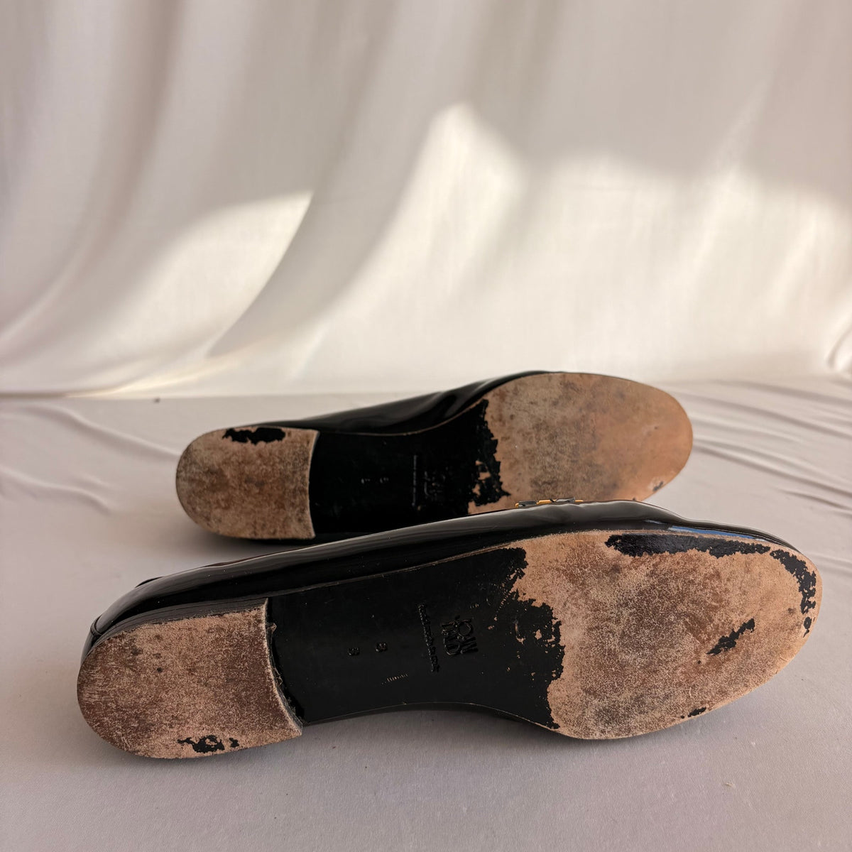 Vintage Joan & David Black Patent Leather Loafers - Gold Chain Hardware
