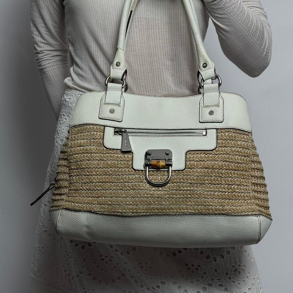 Vintage Dana Buchman Straw &  White Leather Tote