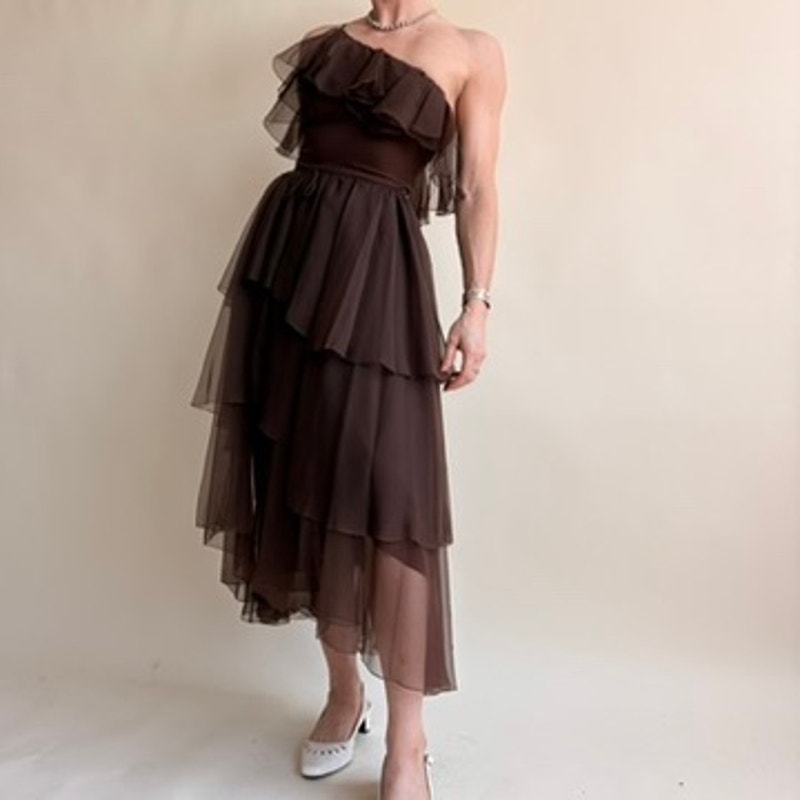 Patricia Murray Brown Ruffled Chiffon Dress - One-Shoulder, Fits Modern 0