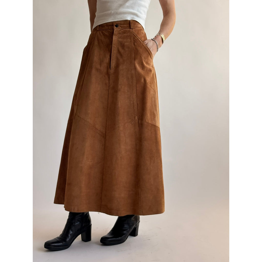 Vintage Bergdorf Goodman Light Brown Suede A-Line Maxi Skirt