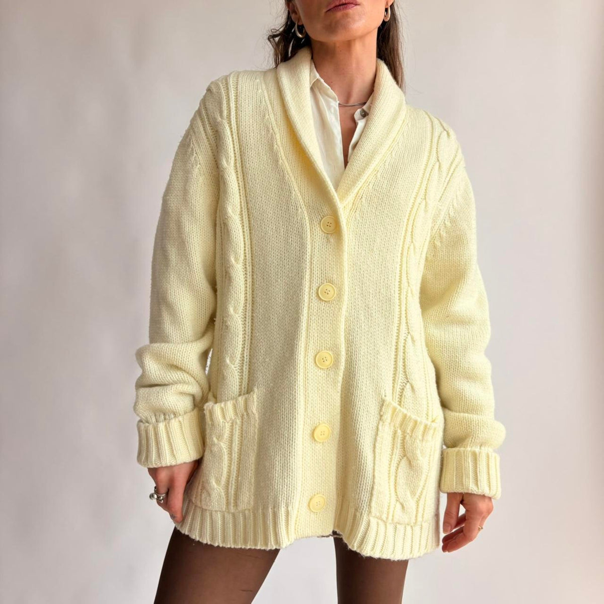 Vintage Sears 70s Cream Cable Knit Cardigan - Fits Large