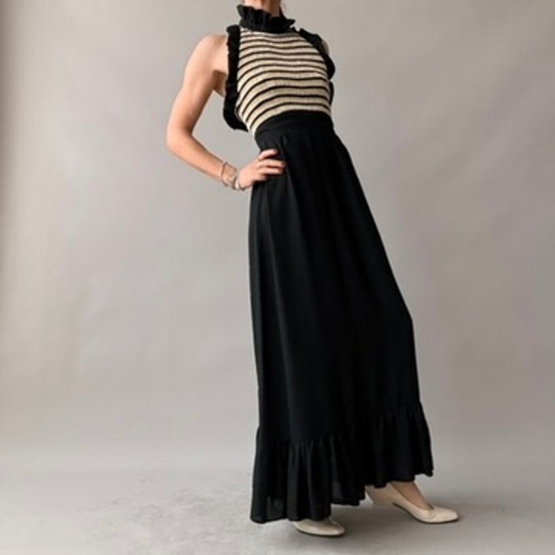 Vintage 70s Black & Gold Striped Halter Maxi Dress - Ruffle Hem
