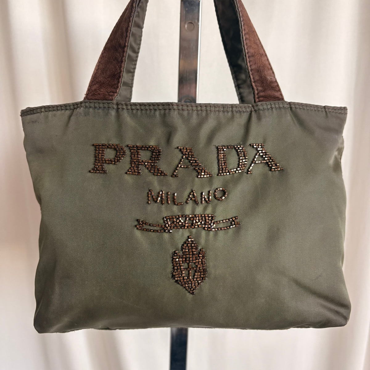 Vintage Prada Olive Green Nylon Beaded Logo Tote