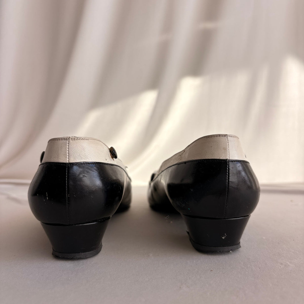 Vintage Delman Black & White Leather Low Block Heels - Button Detail, 1" Heel