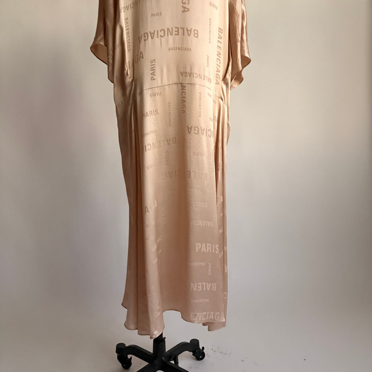 Vintage Balenciaga Champagne Beige Silk Jacquard Logo Midi Dress