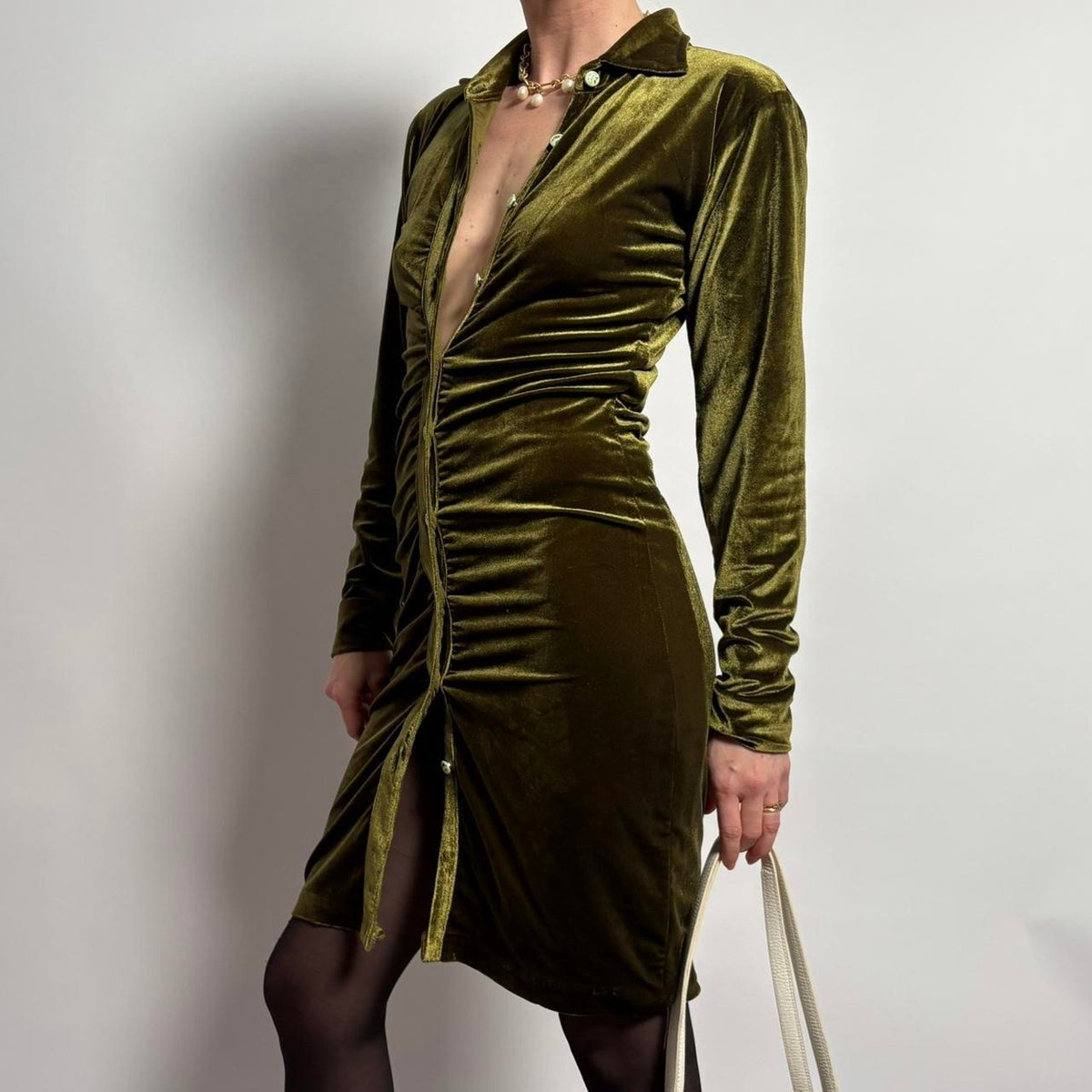 Olive Green Long Sleeve Velvet Rouched Dress - Small
