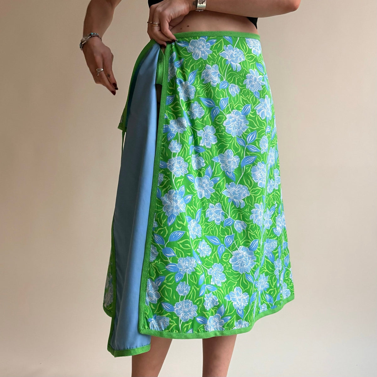 1970s Reversible Floral Wrap Skirt - Green or Baby Blue, One Size