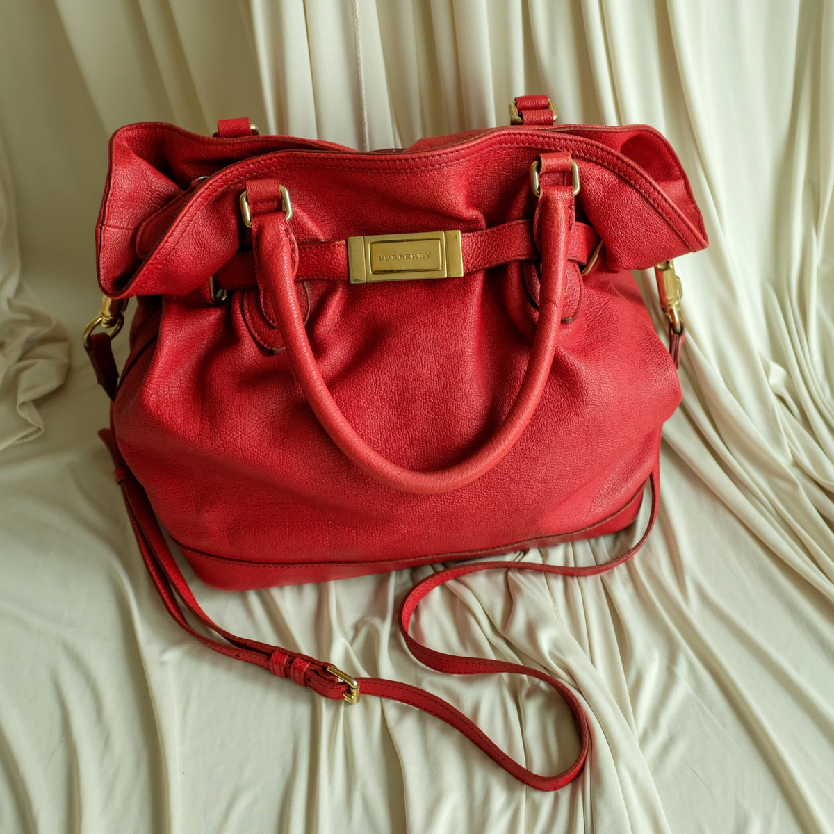 Burberry Red Leather Hobo - Gold Hardware, Crossbody, Made in Italy