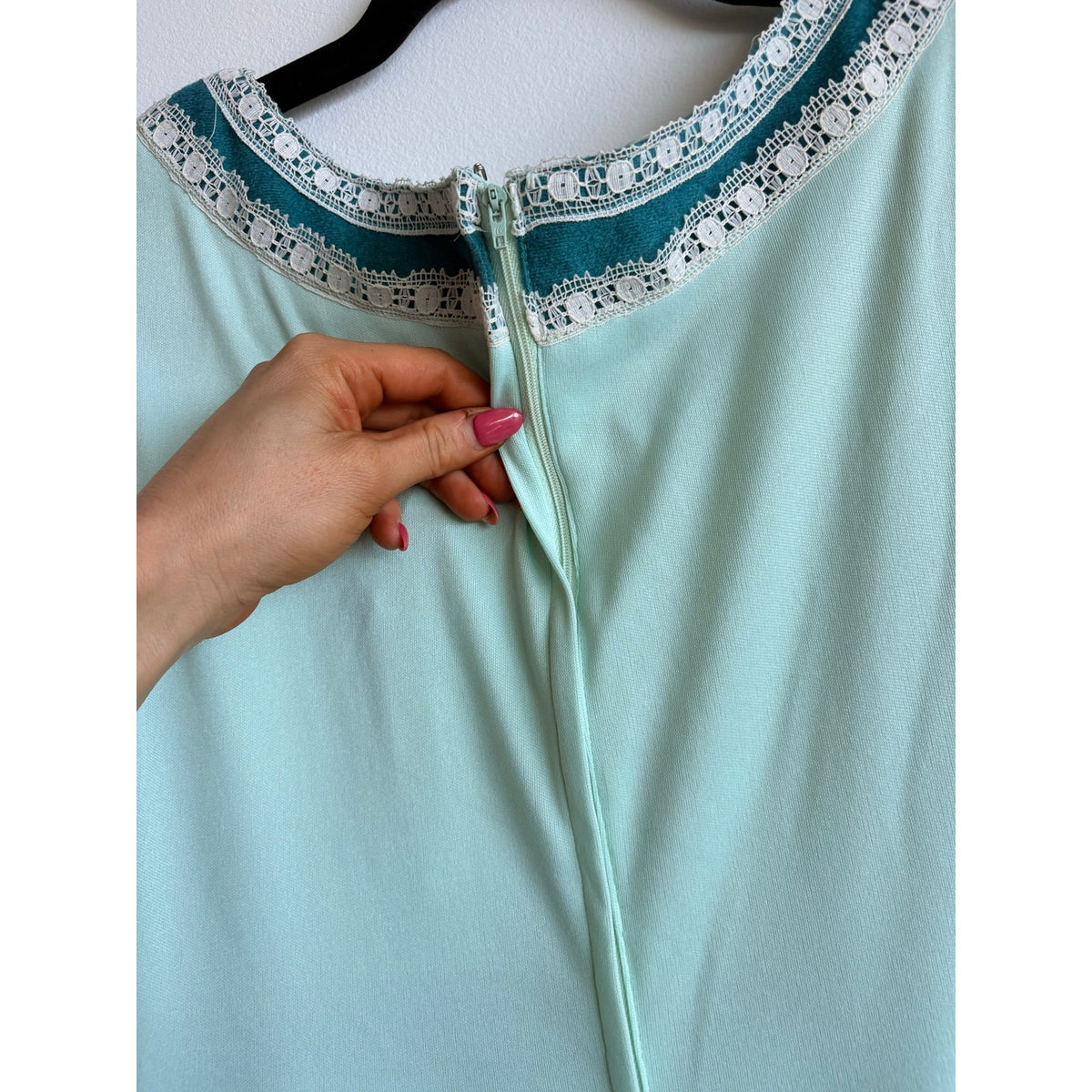 JCPenney Vintage 70s Mint Green Prairie Dress - Lace Trim