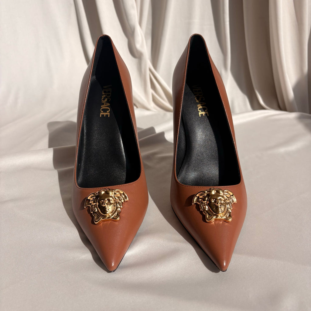 Versace Brown Leather Medusa Logo Pumps - Gold Hardware, EU 38 / US 7.5
