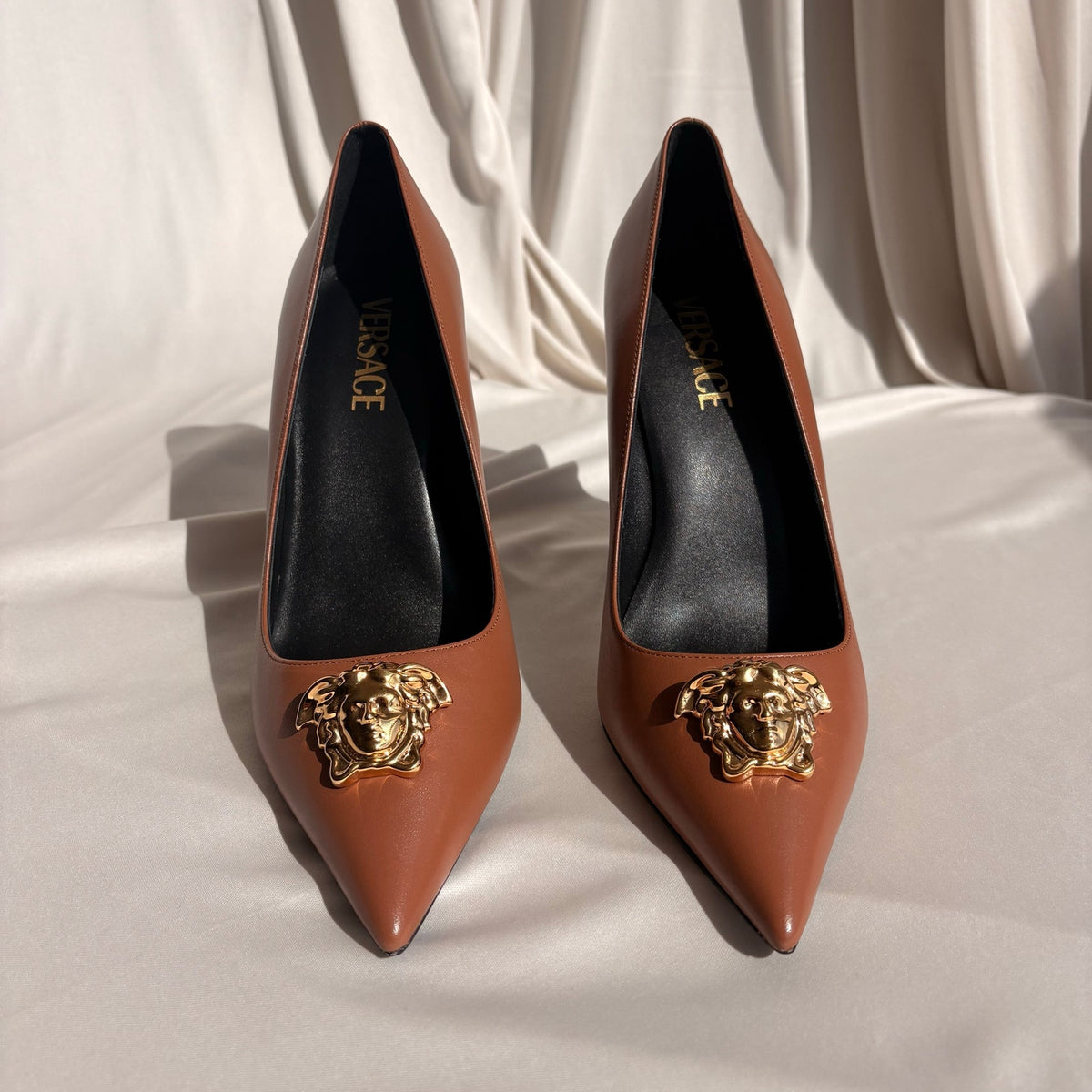 Versace Brown Leather Medusa Logo Pumps - Gold Hardware, EU 38 / US 7.5