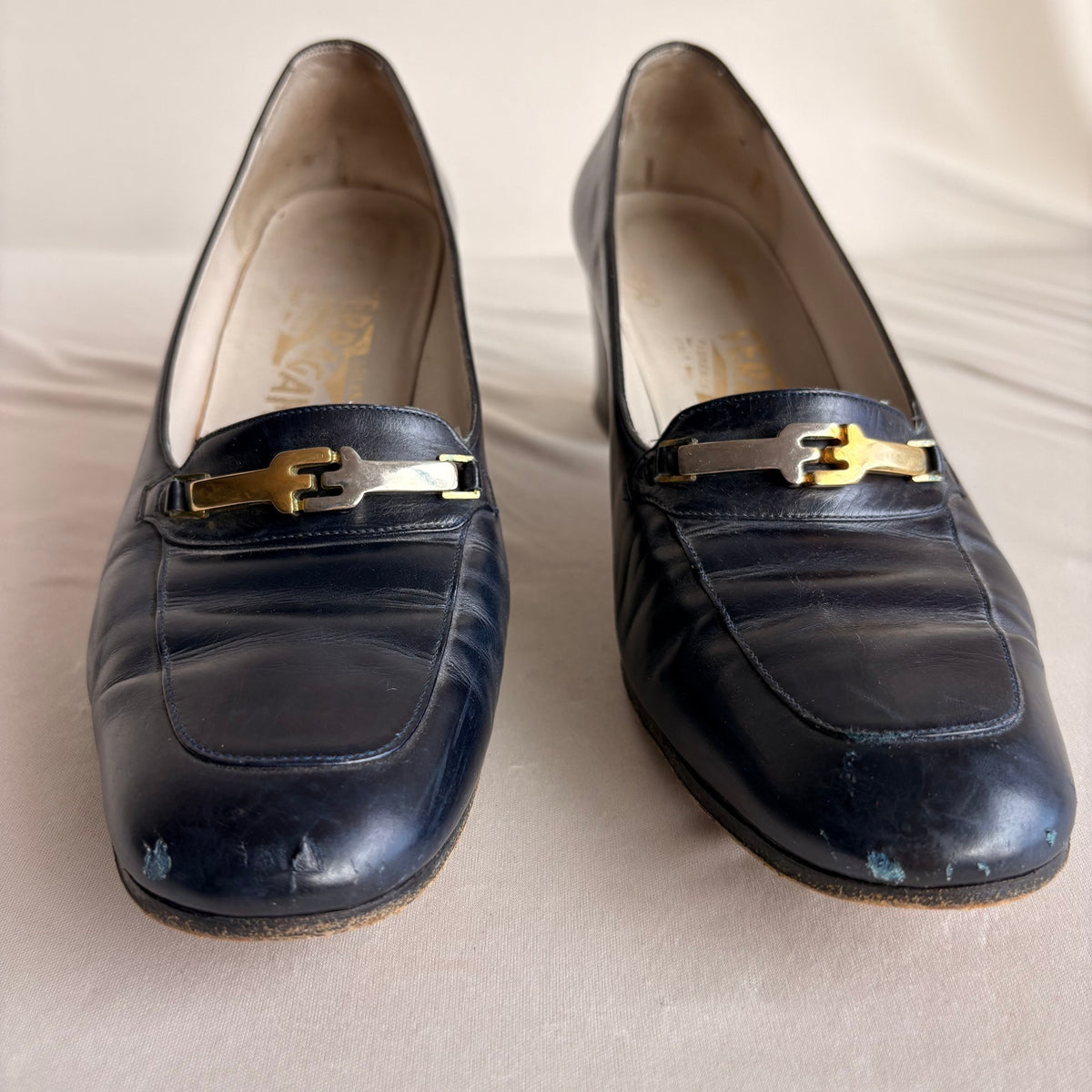 Vintage Ferragamo Navy Leather Heeled Loafers - Gold/Silver Hardware, 7.5