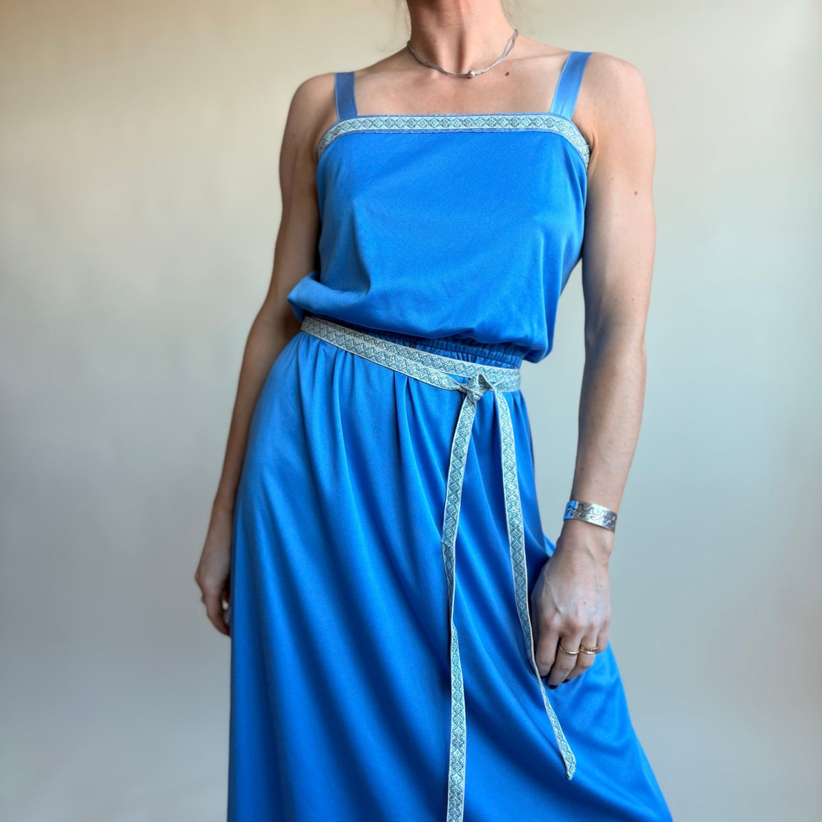 1970s Handmade Blue Maxi Dress - Square Neck, Silver Trim, Elastic Waist, Fits Small