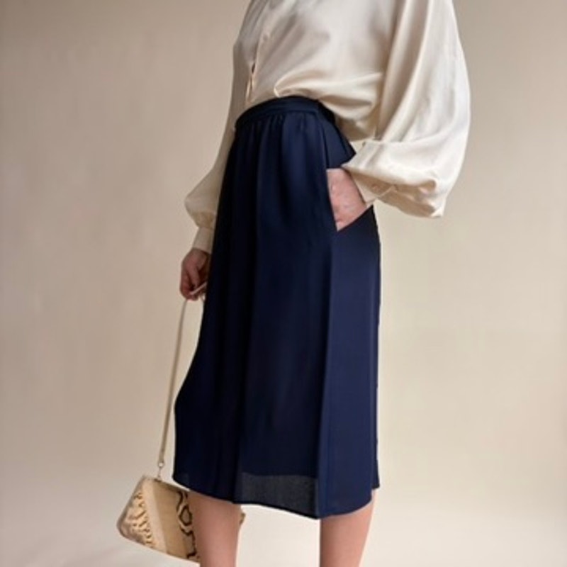 Navy Blue A-Line Midi Skirt - 80s Vintage, Size 4 (Fits 0)