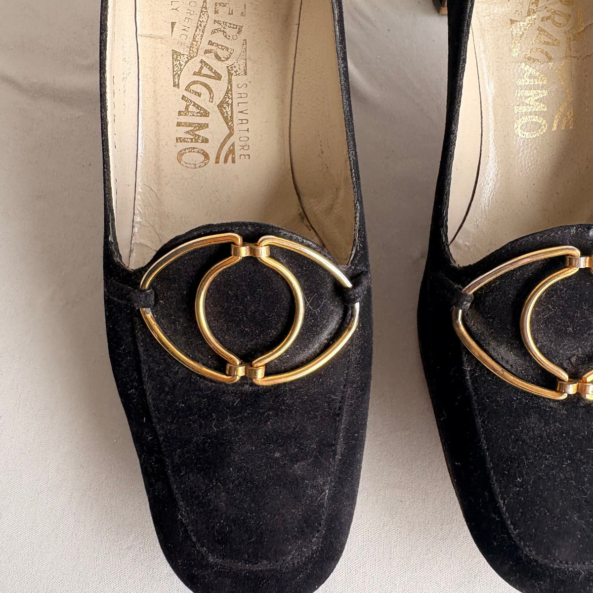 Vintage Ferragamo Black Suede Heeled Loafers - Gold Hardware, 7.5