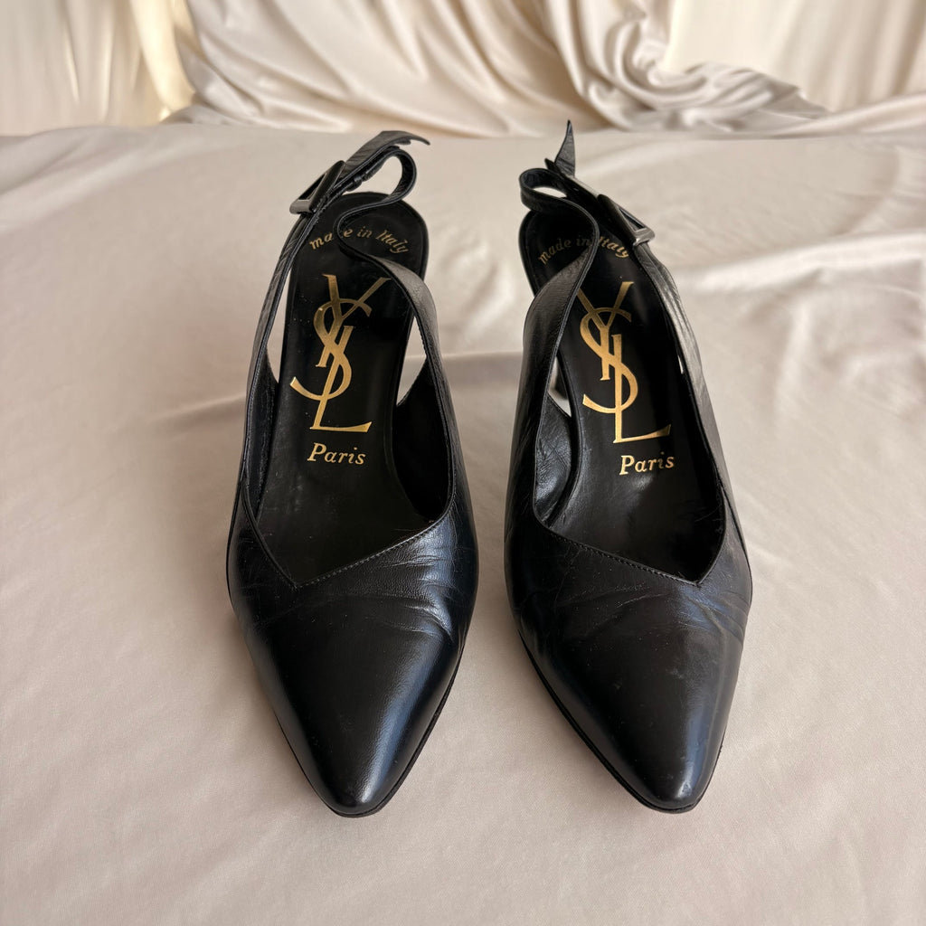 Vintage 80s YSL Black Leather Slingback Heels -  7.5 (fits like a 7)