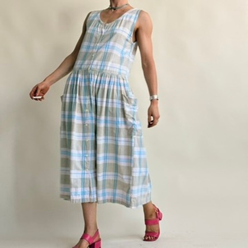 Erika Plaid Drop-Waist Dress - Light Blue, Sage & White, Pockets, 100% Cotton, Size M