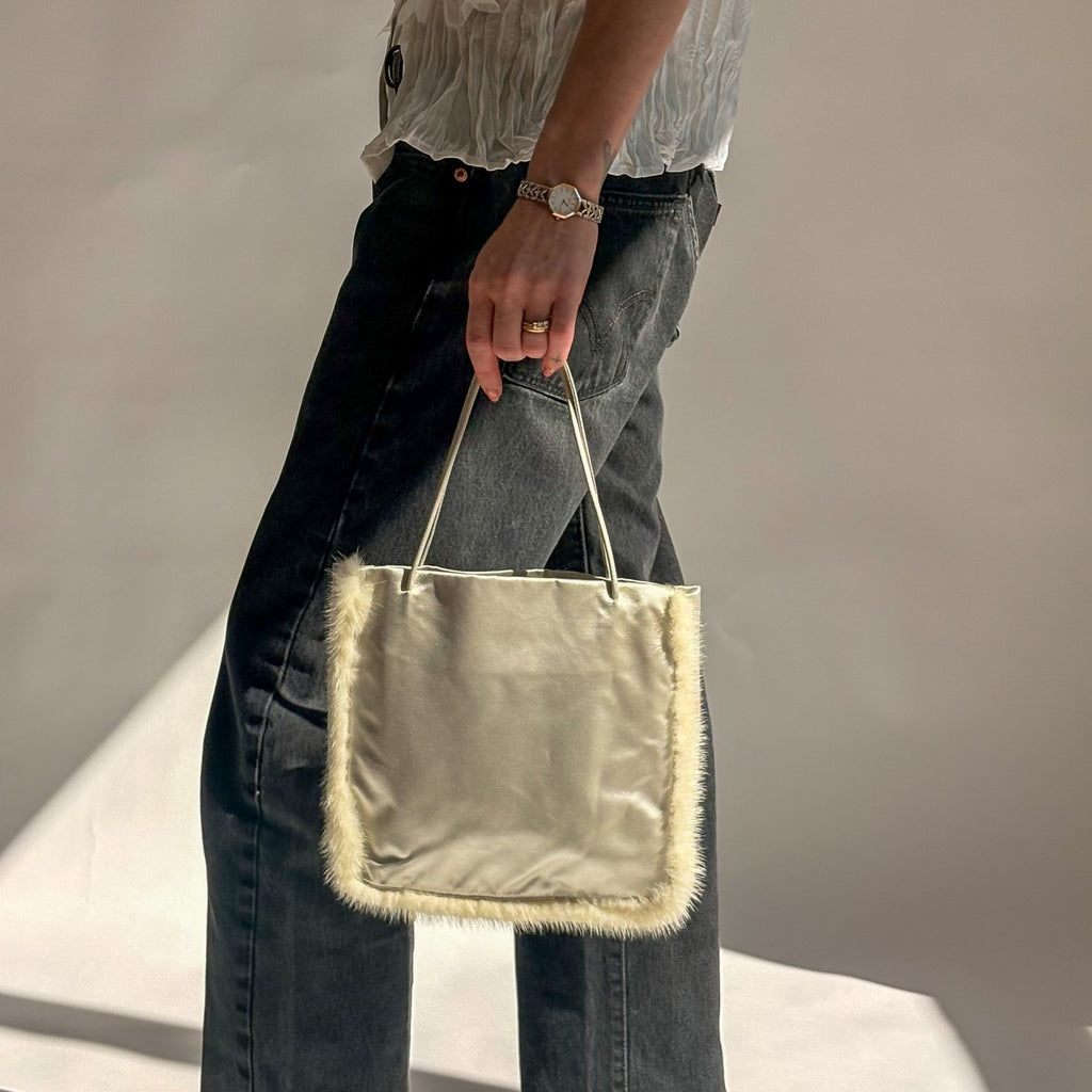 Vintage Prada Raso Cream Satin & Silk Tote - Mink Fur Trim