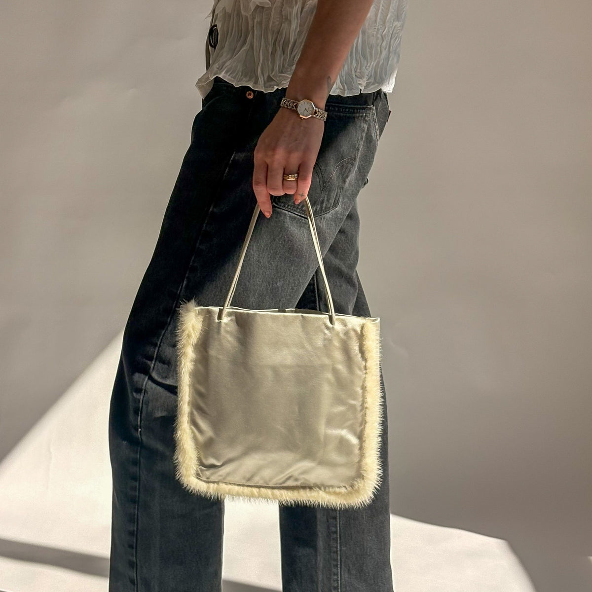 Vintage Prada Raso Cream Satin & Silk Tote - Mink Fur Trim