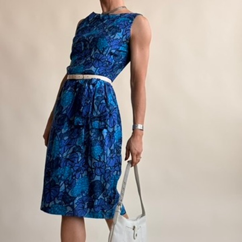 1960s Mod Floral Sheath Dress - Blue Abstract Print, Tie Waist, Fits Small