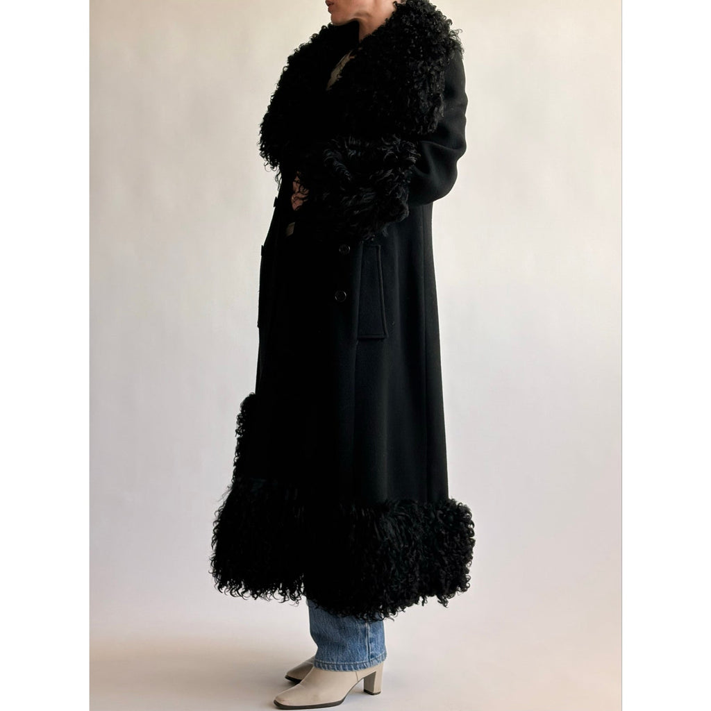 Vintage 1970s Black Wool & Mongolian Shearling Coat