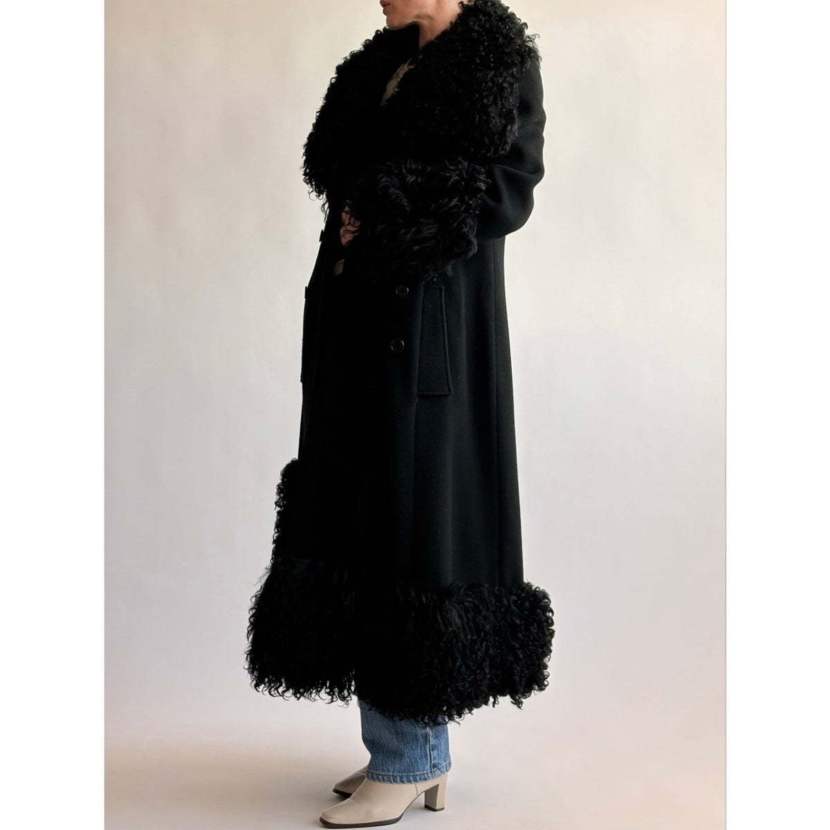 Vintage 1970s Black Wool & Mongolian Shearling Coat