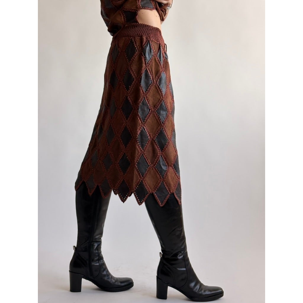 Vintage 1970s Handmade Turkish Diamond Patchwork Leather Skirt