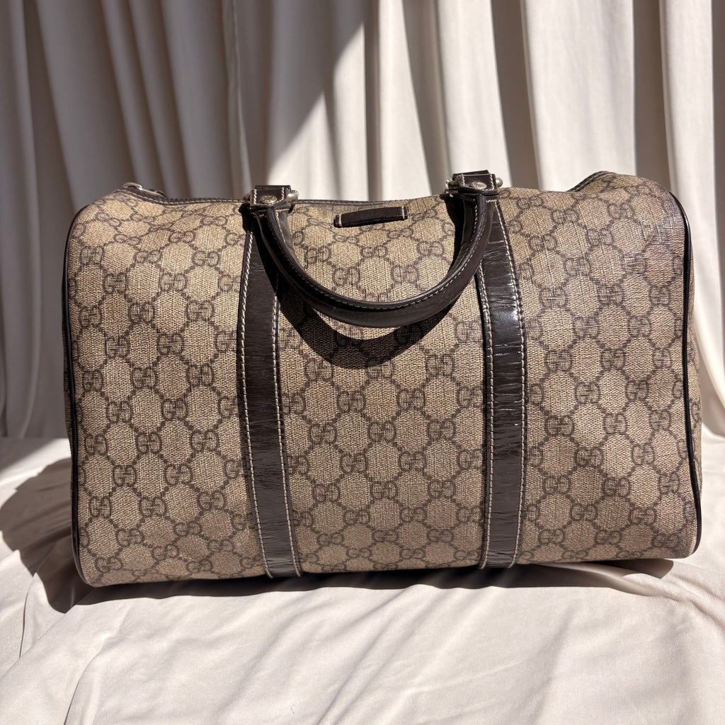 Gucci Joy Boston Bag - GG Supreme Coated Canvas, Dark Brown Patent Leather Trim