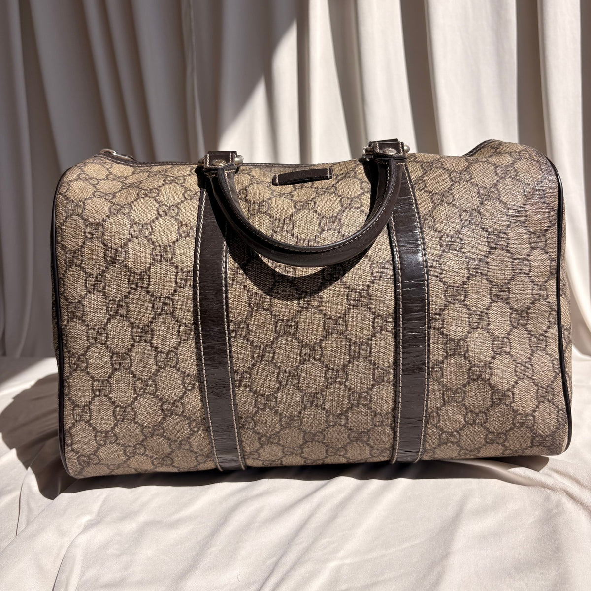 Gucci Joy Boston Bag - GG Supreme Coated Canvas, Dark Brown Patent Leather Trim
