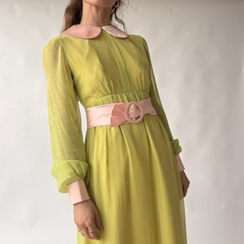 Vintage 60s/70s Chartreuse Peter Pan Collar Maxi Dress w/ Belt