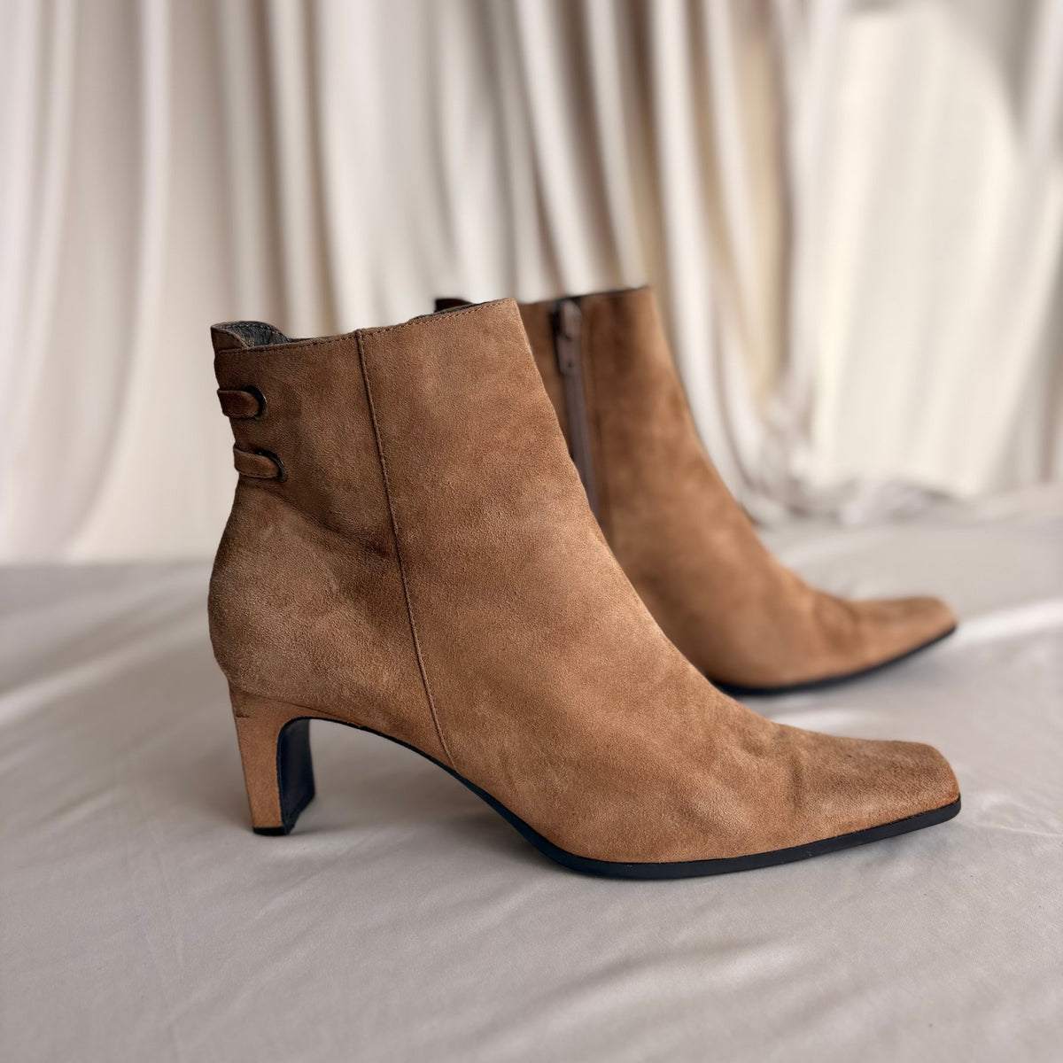 Bandolino Tan Suede Ankle Boots - Pointed Square Toe, Block Heel, 7.5