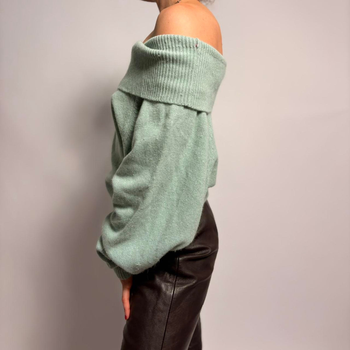 Vintage Kasper for J.L. Sport Off-Shoulder Sweater - Mint Green, Size Medium