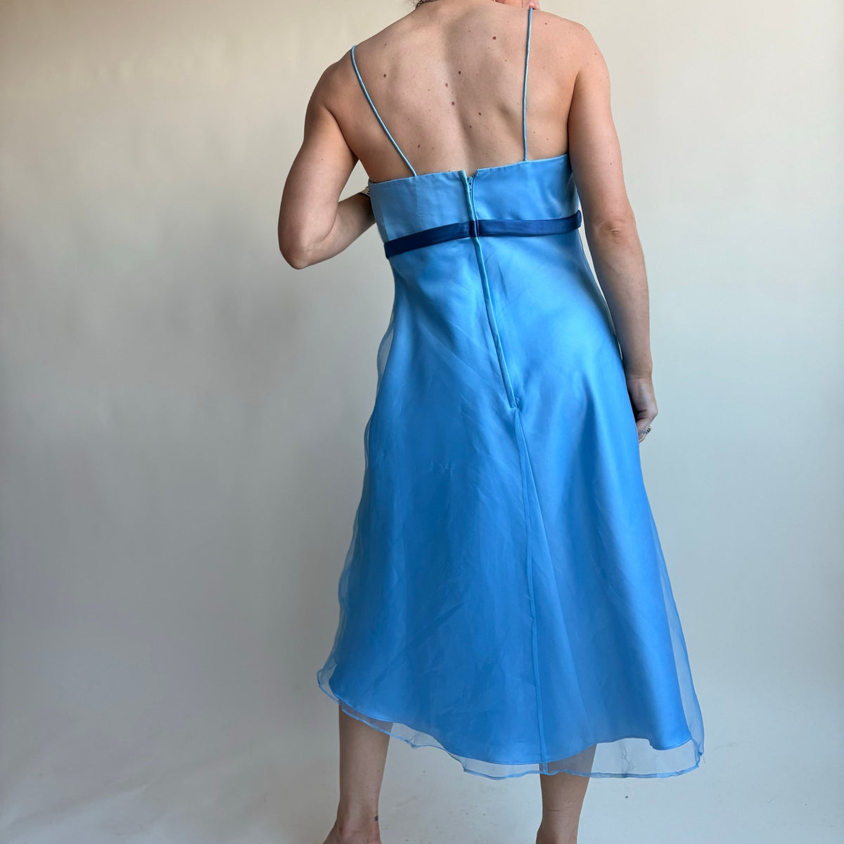 Alfred Angelo Baby Blue Y2K Midi Dress - Square Neck, Ribbon Waist, Size 6