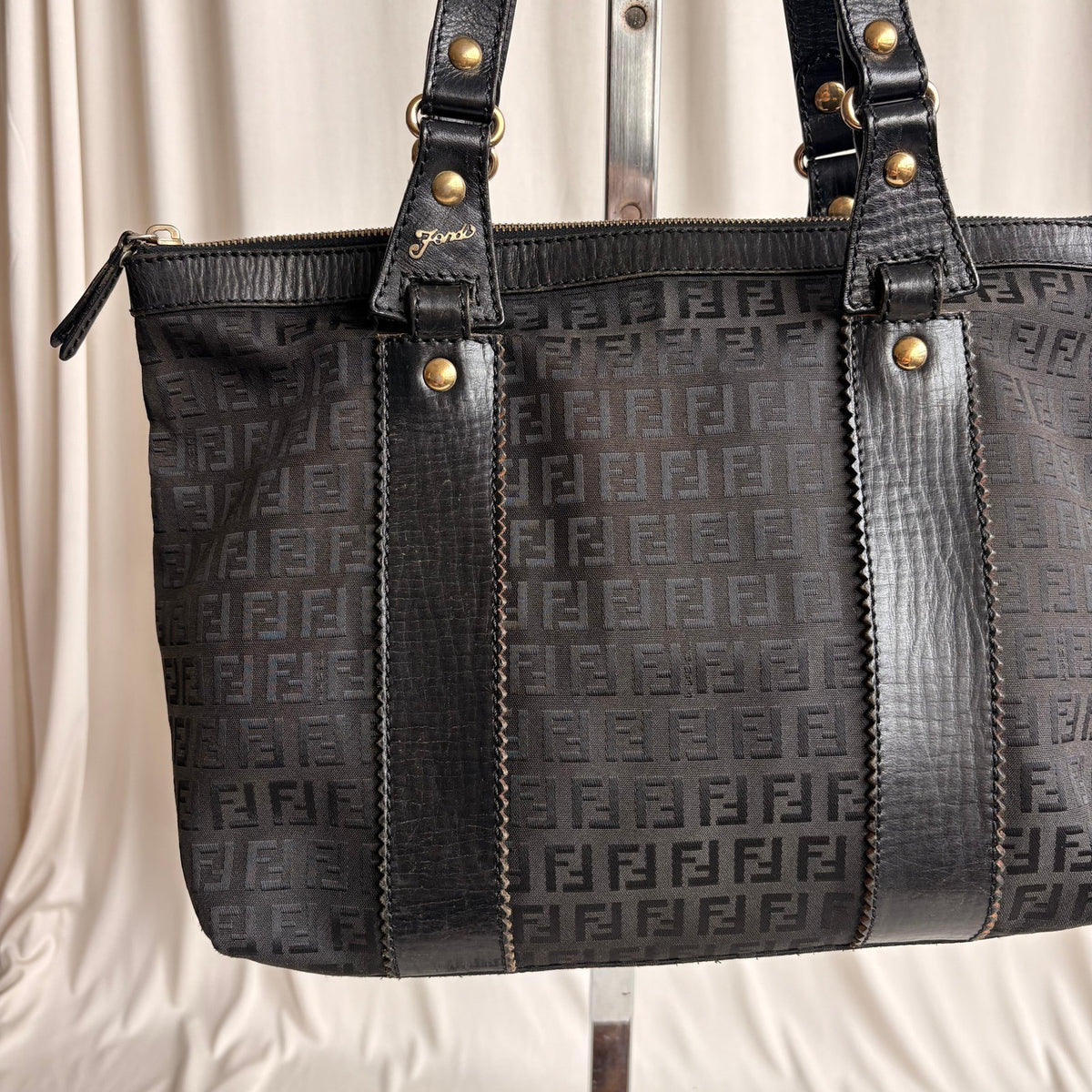 Vintage Fendi Zucchino Black Canvas & Leather Tote - Early 2000s